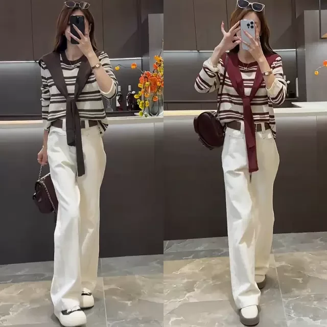 入秋穿搭一整套女条纹披肩针织衫休闲裤两件套小个子显瘦时尚套装