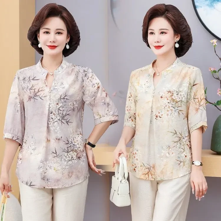 F632时尚洋气中老年妈妈装衬衫气质上衣夏季印花中年女装休闲衬衣