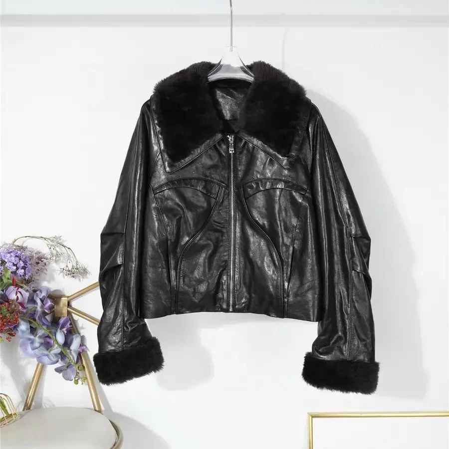 加厚短款毛领鹅绒内胆皮衣冬季保暖韩版时尚女士外套