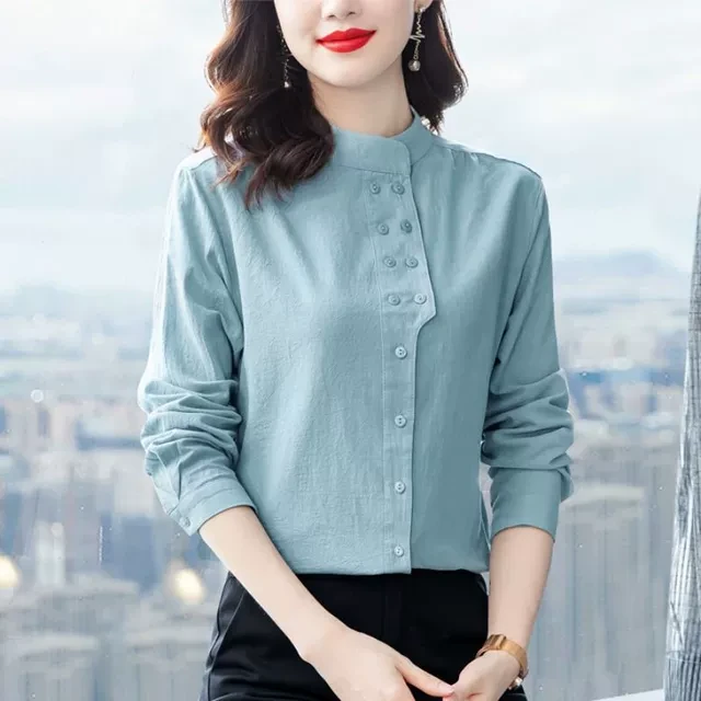 棉长袖衬衫女春秋2023新款大码洋气女士气质衬衣中年妈妈装上衣
