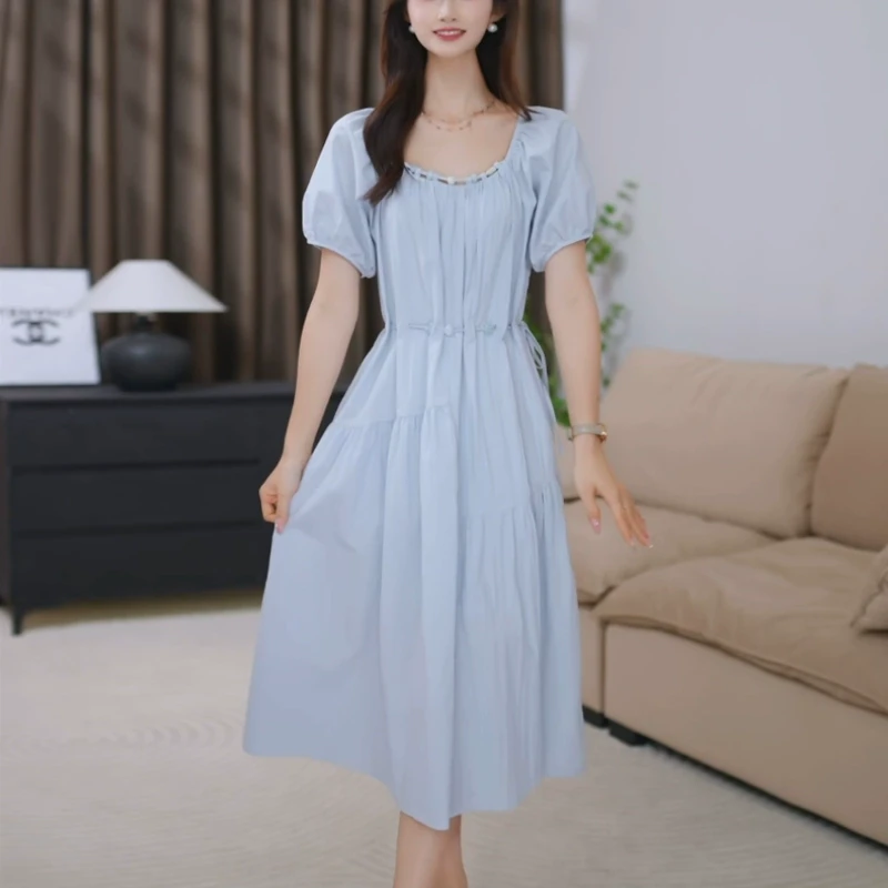 法式泡泡袖收腰显瘦短袖连衣裙女2025夏季新款时尚气质减龄中长裙
