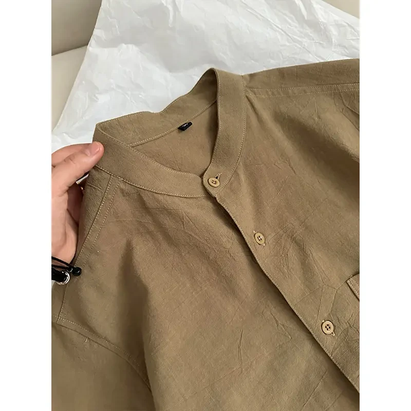 新中式亨利领棉麻短袖衬衫男女款夏季复古纹理感慵懒休闲衬衣外套