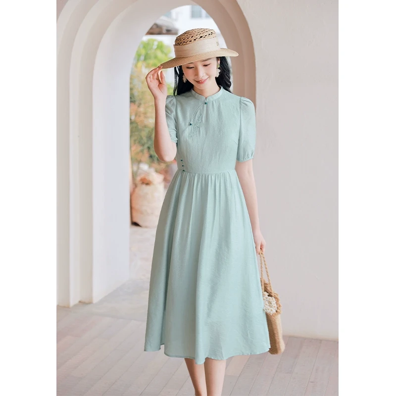 红念蓝色新中式改良版天丝连衣裙女短袖轻奢夏季新款气质优雅裙子