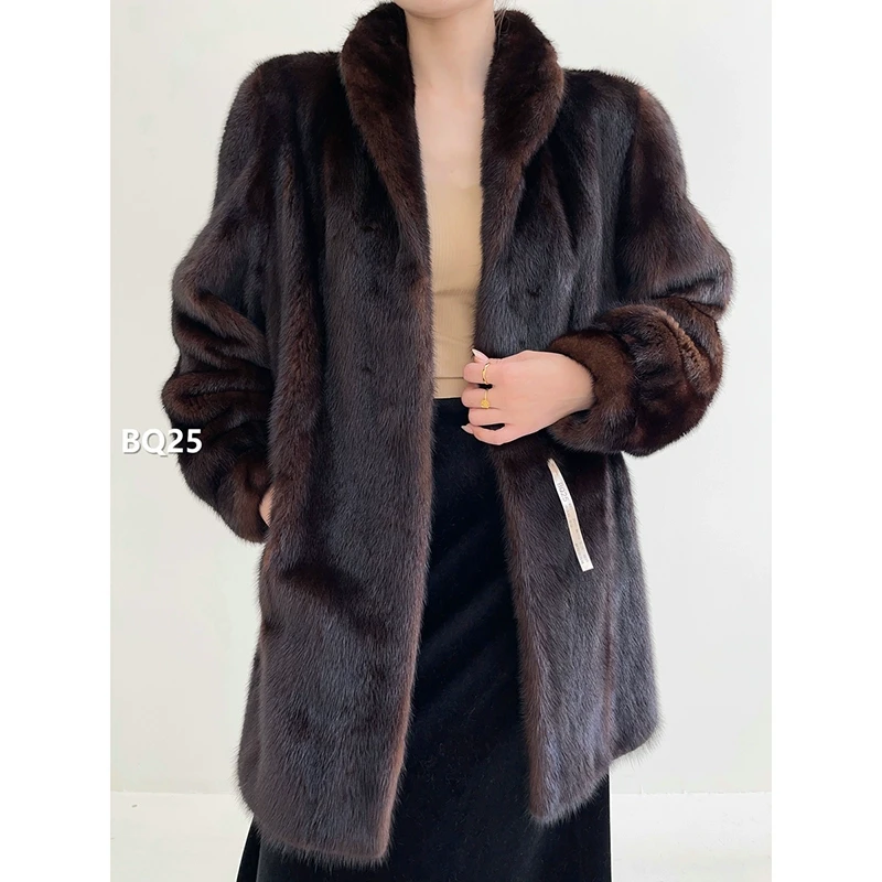 【BQ25】M码 中古棕中长款全抽貂皮大衣(肩40胸106衣79袖59)