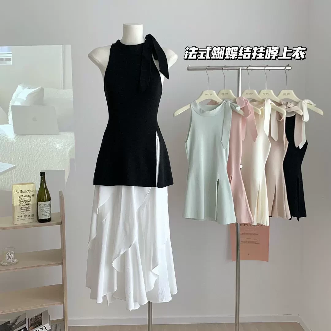 2025法式蝴蝶结挂脖背心吊带女外穿新款黑色性感无袖针织上衣夏