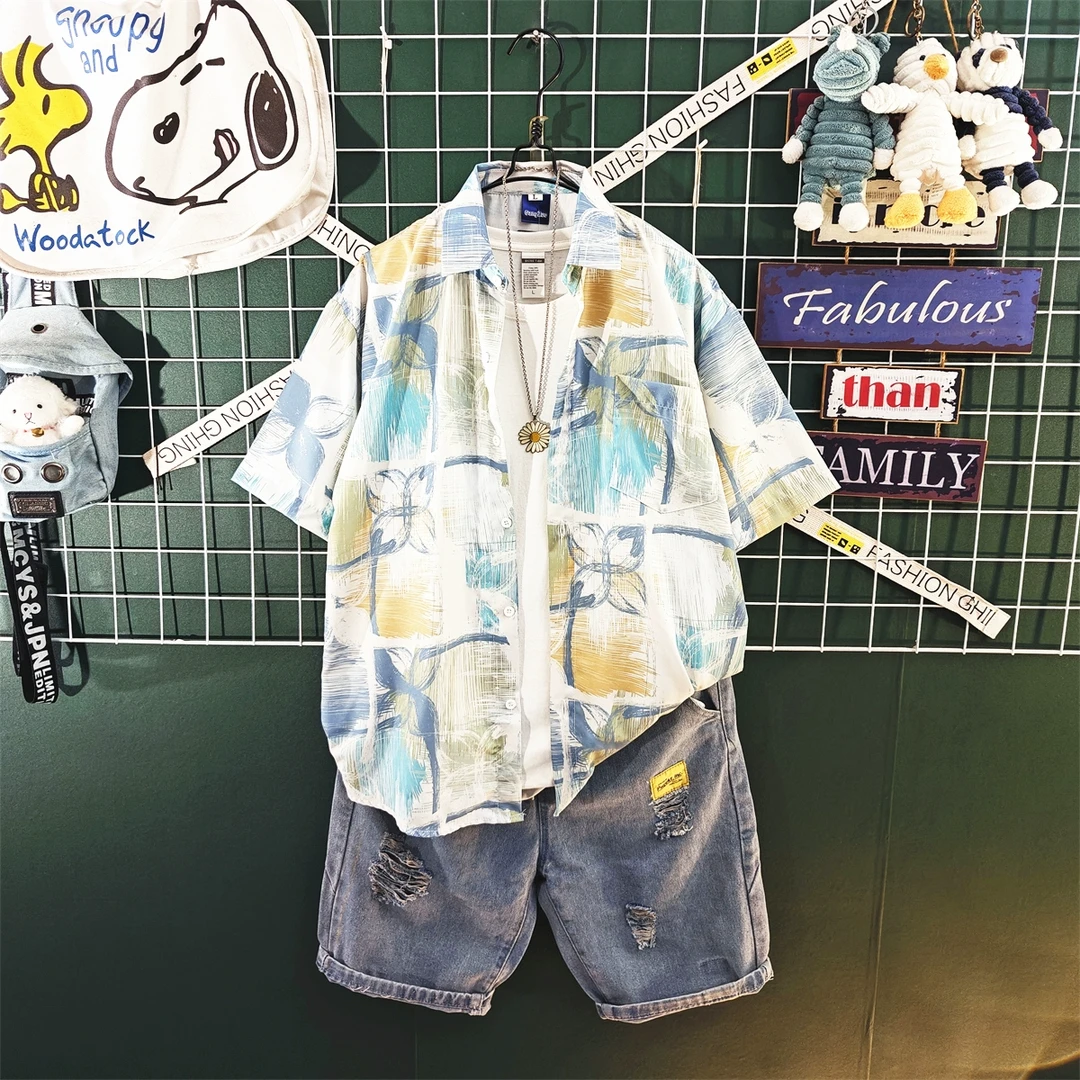 港风潮牌花衬衫短袖男痞帅海边度假沙滩衬衣短裤套装男装搭配一套