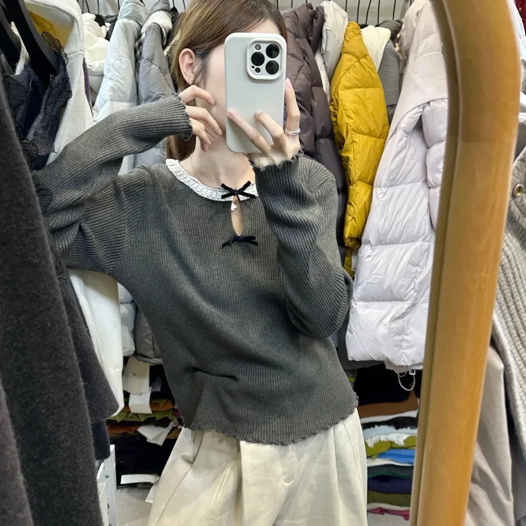 新疆包邮【c735】韩系蝴蝶结镂空针织衫-衣长54