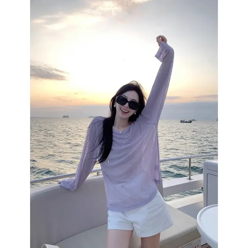 夏季慵懒风紫色薄款针织衫长袖t恤女薄款宽松防晒罩衫宽松ins上衣