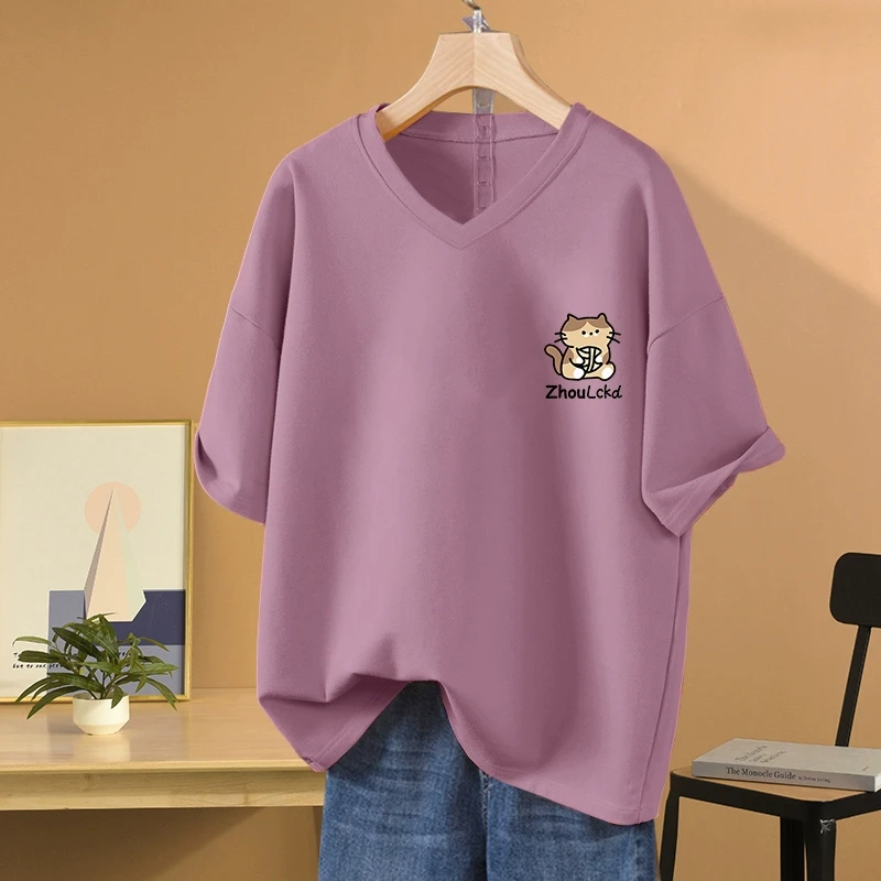 大码宽松胖mm纯棉V领短袖t恤女装美式复古oversize休闲百搭上衣服