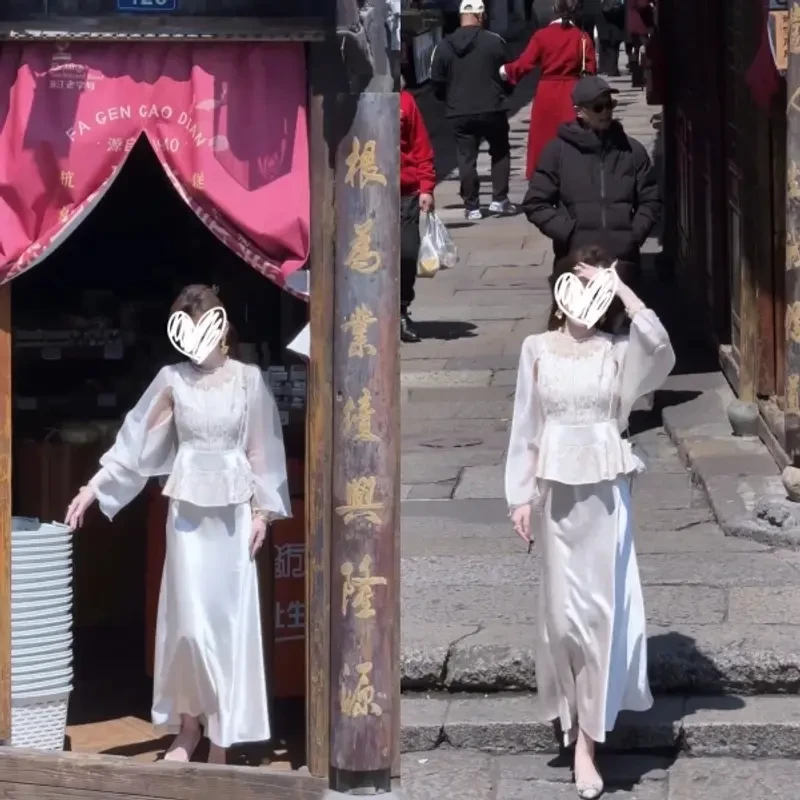 B205+B206新中式复古气质时尚无袖印花性感上衣披肩名媛半身裙女