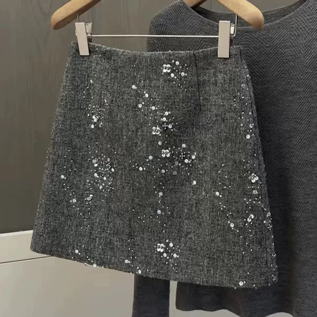 亮片烫钻设计短裙女2025秋冬流行新款时髦洋气高腰显瘦A字半身裙