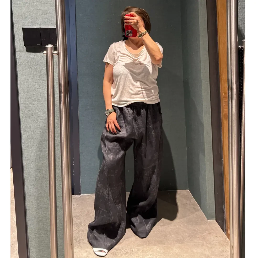 COCOLINDA100%亚麻藏青花纹松紧休闲裤P2847