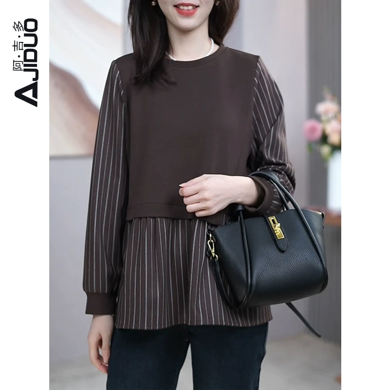 阿吉多假两件时尚拼接t恤女2025春季新款长袖气质减龄遮肚子上衣