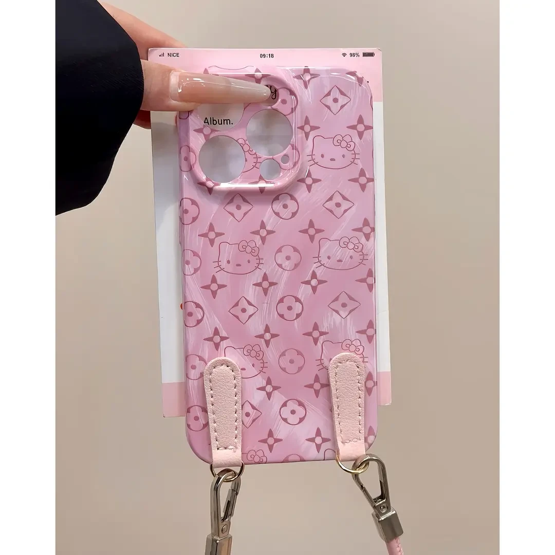 适用粉色KT潮花iPhone16pro苹果13/15皮绳14华为vivo小米oppo