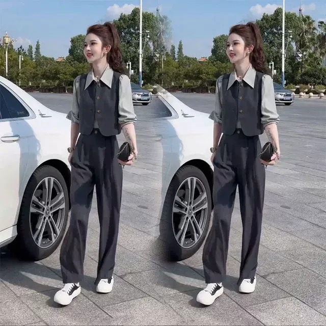 2024秋季新款时尚减龄气质遮肉显瘦短款马甲外套阔腿裤三件套装女