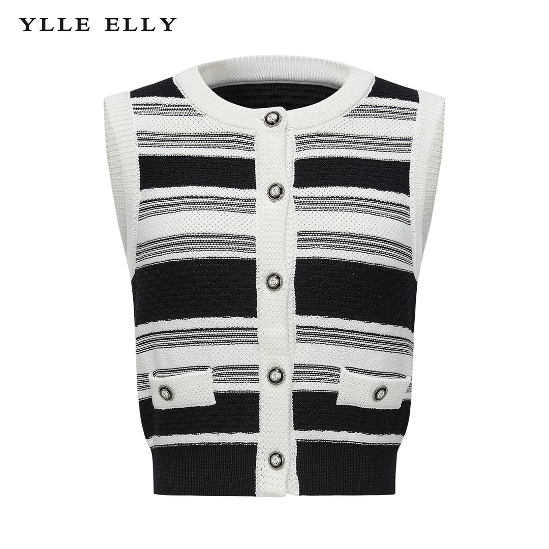 【籽言专属】YLLEELLY条纹马甲2024春季新款简约圆领棉针织背心