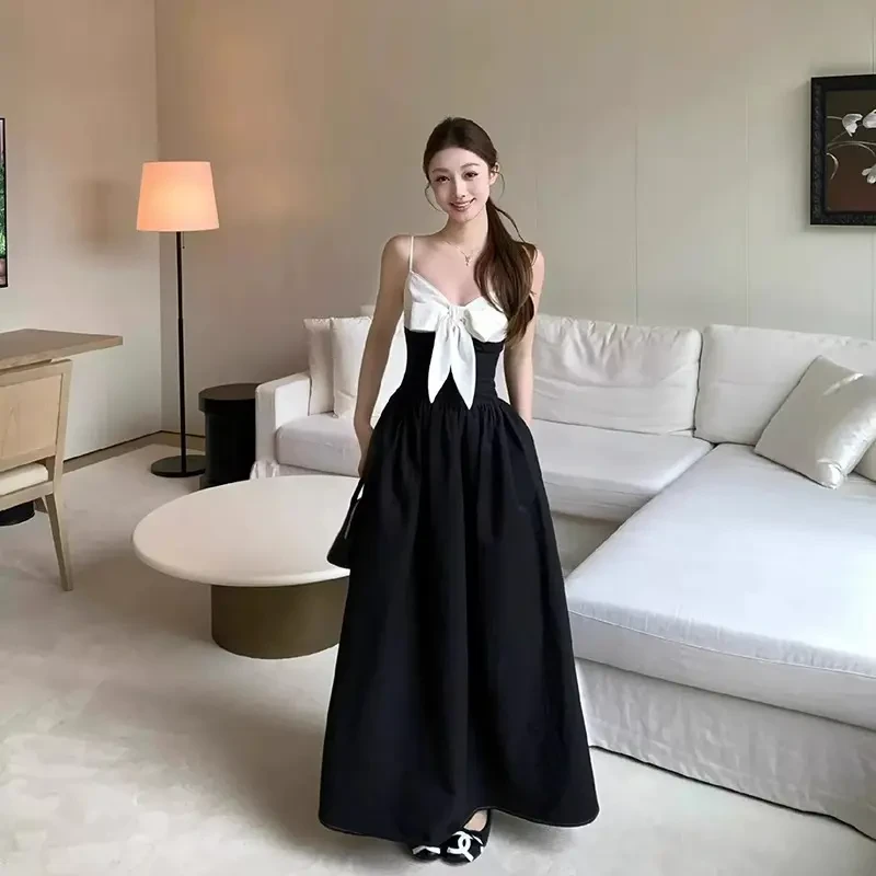 法式复古撞色蝴蝶结吊带连衣裙女小众设计感收腰气质抹胸长裙子夏