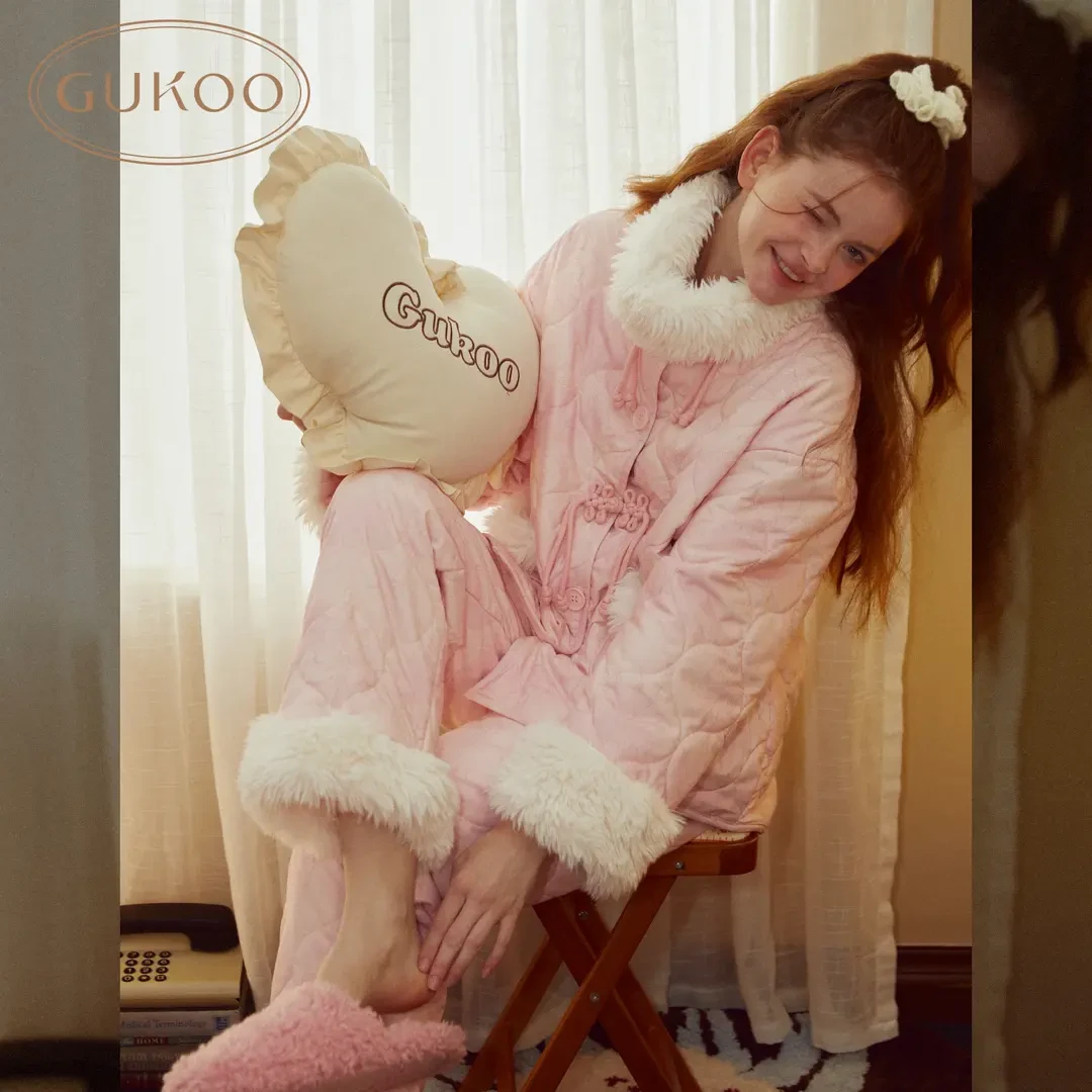 【Gukoo果壳】冬款睡衣女粉色新中式盘扣加厚保暖女士家居服套装