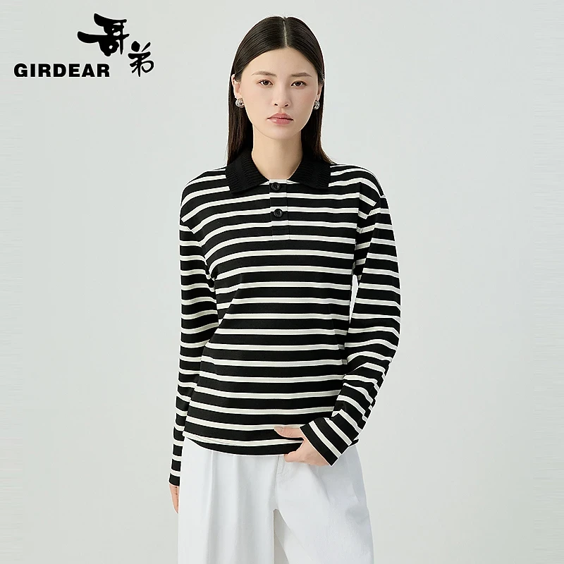 GIRDEAR哥弟新款舒适简约时尚经典休闲百搭显瘦条纹上衣女1301050