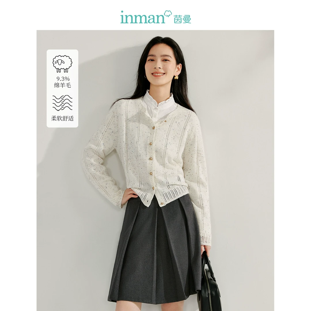 茵曼2024春秋新款女毛衣外套针织开衫百搭圆领小长袖短休闲镂空叠
