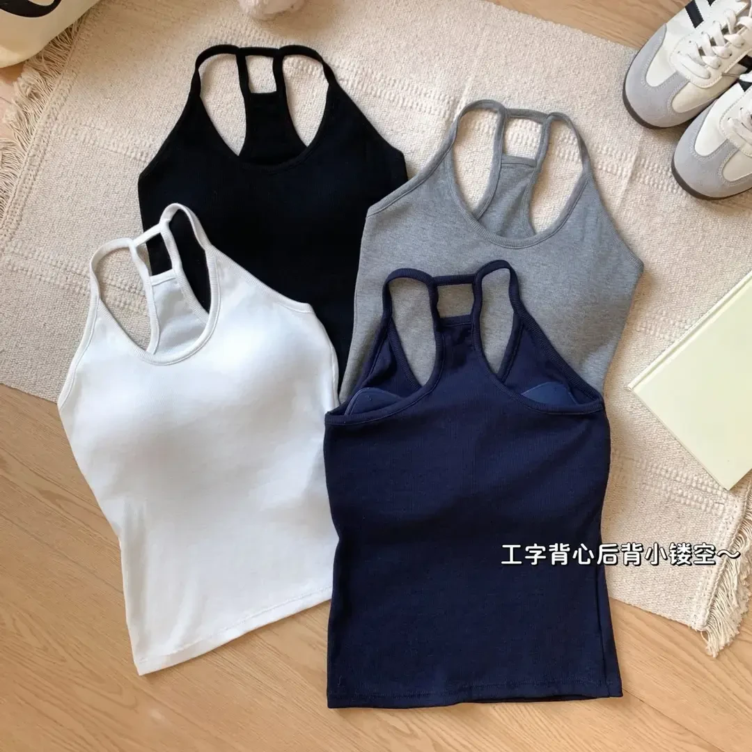 无袖辣妹u领上衣女工字背运动背心女带胸垫固定杯瑜伽跑步吊带Y