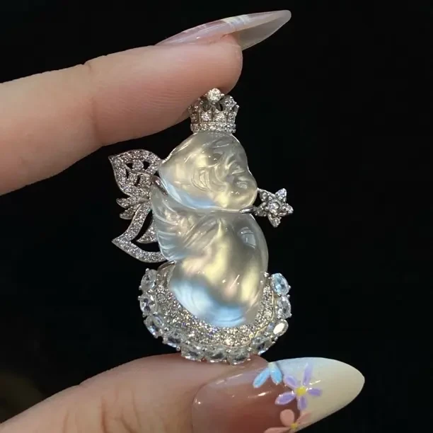 天然石英质玉玻璃种仙子天使吊坠S925银女友生日礼物