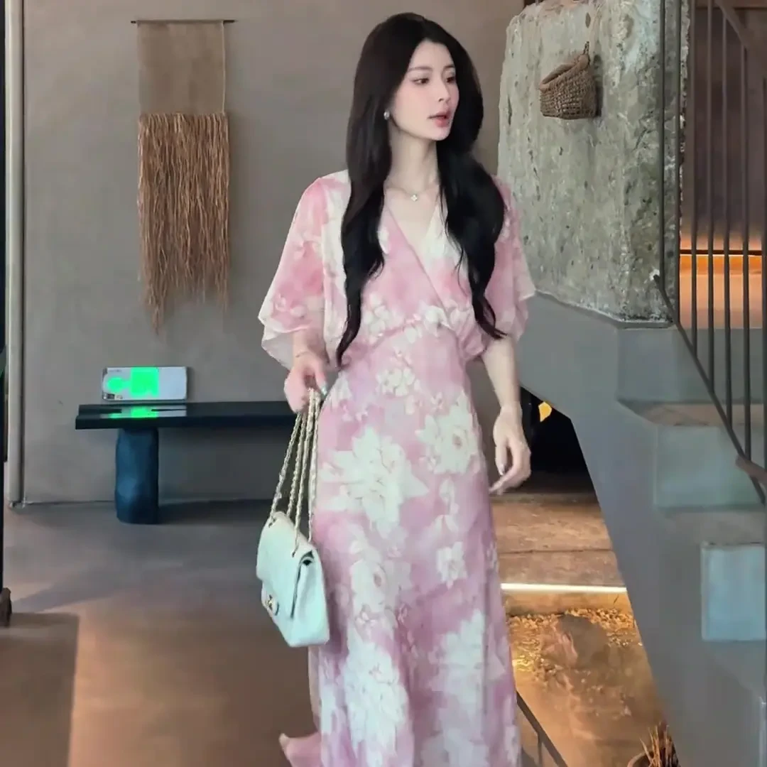 新中式时尚洋气复古气质高腰线短袖碎花连衣裙粉色减龄收腰显瘦裙