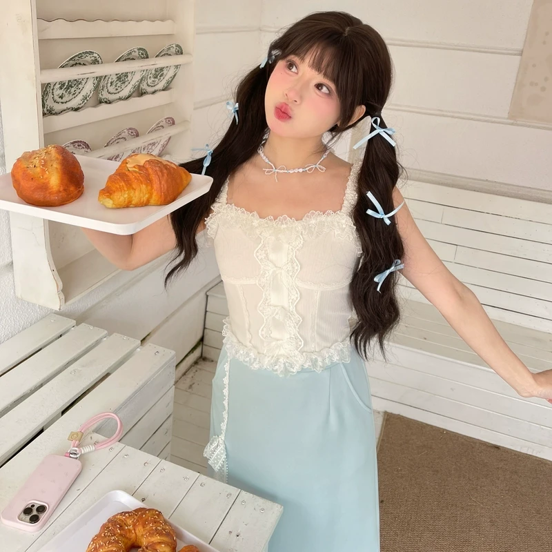 森女部落原创甜美风蕾丝小花边修身小吊带女2025春季新款