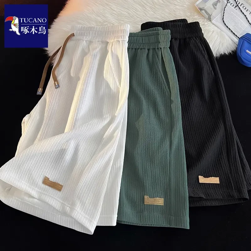 啄木鸟冰丝休闲短裤男士夏季薄款美式运动宽松裤子大码沙滩五分裤