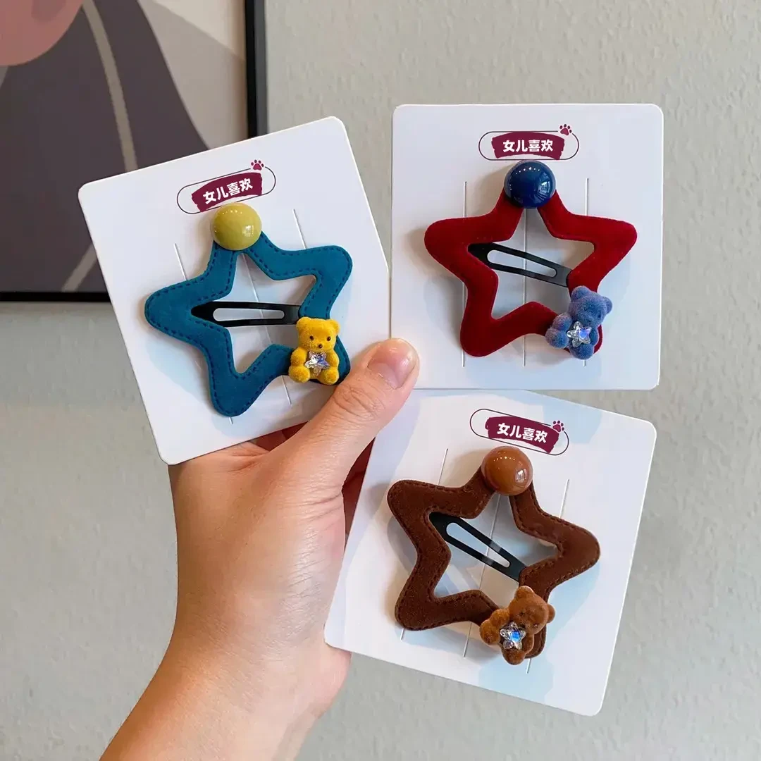 【植绒星星发夹】儿童植绒五角星星发夹可爱小熊侧边发卡子女童新款