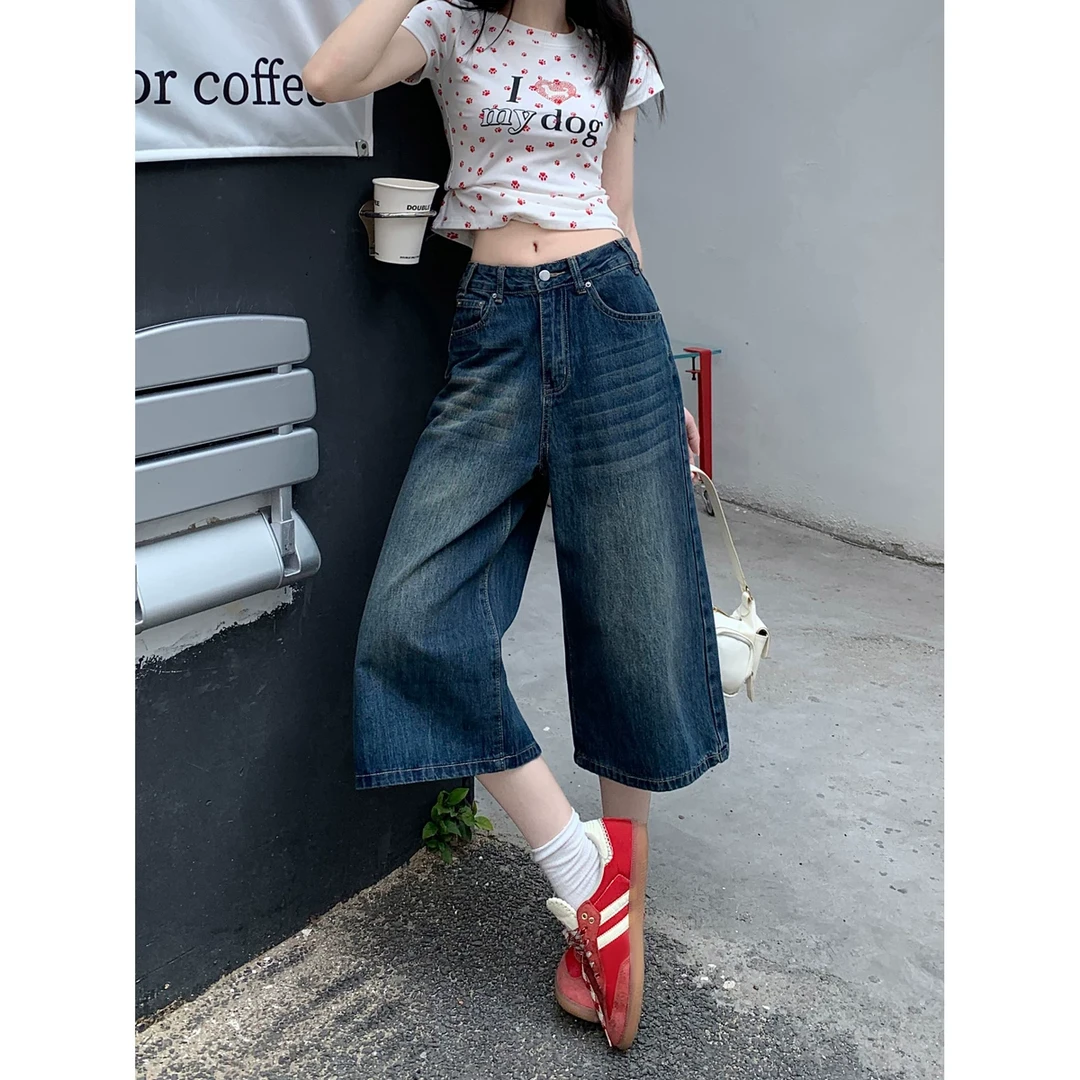 美式复古深蓝色牛仔裤女夏季高腰宽松直筒阔腿裤中裤小个子七分裤