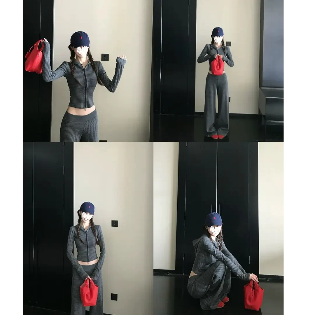 2025秋季新款女生韩系ins衣服条纹正肩连帽卫衣上衣气质百搭裤子