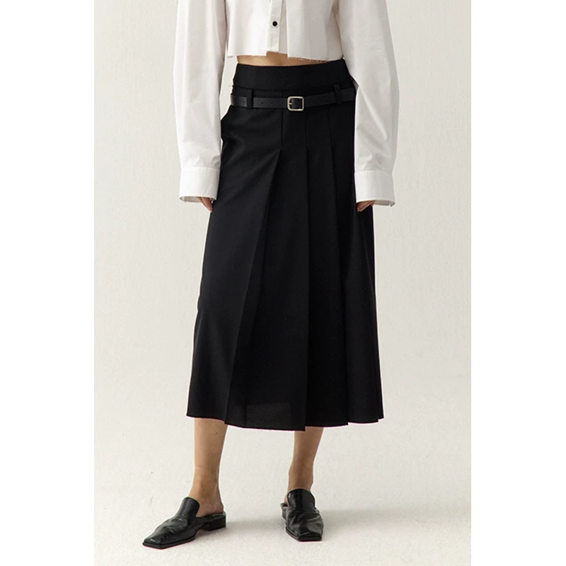 YOEYYOU半裙春季2024新款黑色双腰头毛呢打褶中长高腰a字半身裙女