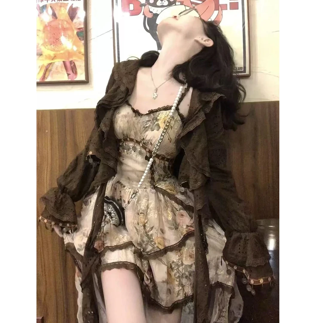 旷野玫瑰】波西米亚风不规则连衣裙开衫套装裙设计感度假风两件套