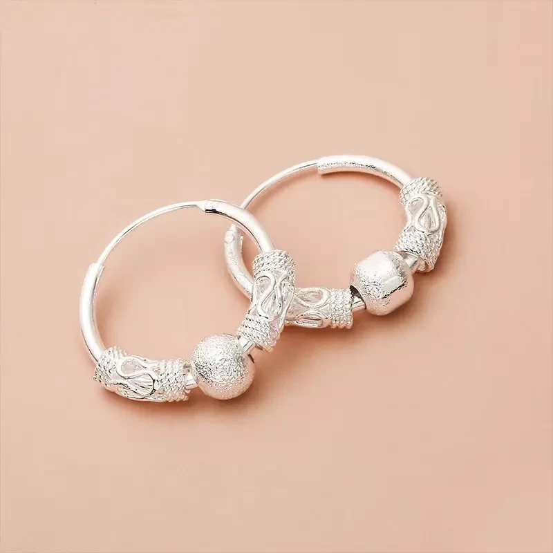 足银耳饰9999纯银耳环时尚百搭千足银磨砂转运珠银耳圈女生