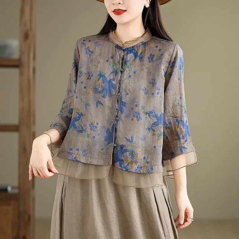 YX#【可搭套装】衬衫七分袖女复古盘扣夏季欧根纱拼接开衫DY13182