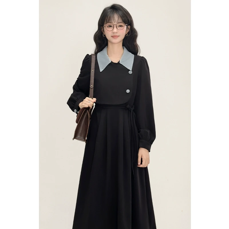 【三寸藕】法式高级感黑色假两件连衣裙女2025新款教资面试长3004