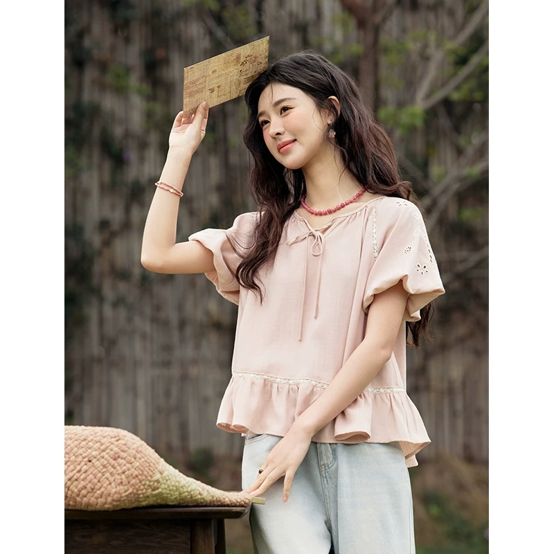 【柴碧云专属】谜秀粉色衬衫椰树镂空刺绣短款上衣MXE31X1747