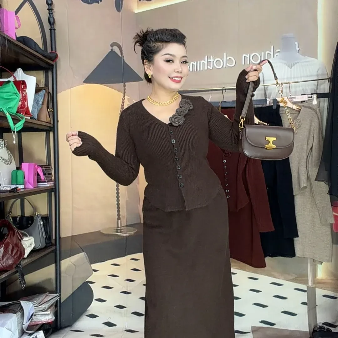 秋冬针织开衫搭配半身裙修身显瘦毛衣套装