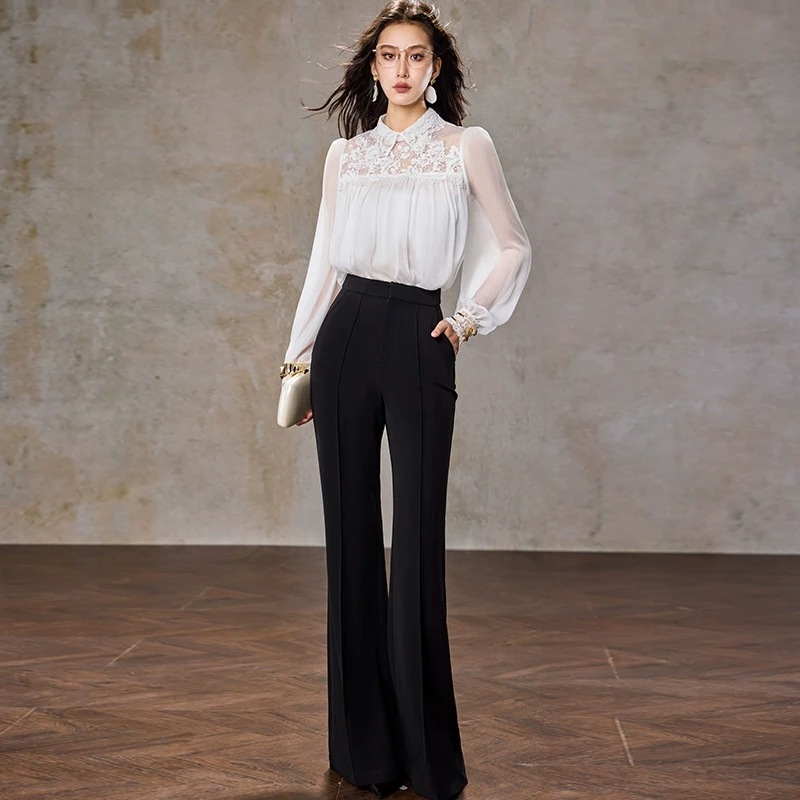 【诗语专属】AUI黑色御姐高腰显瘦微喇裤修身休闲长裤-25W079511