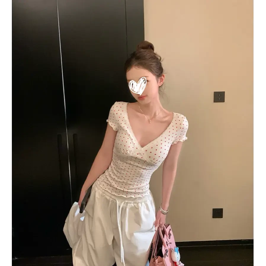 古早小野豹 辣妹蕾丝低V领豹纹T恤内搭女小众夏季显瘦设计感