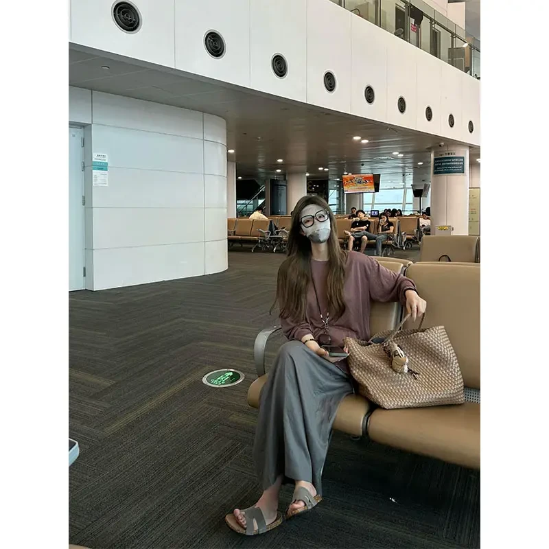禅意气质款女装简约慵懒风长袖T恤上衣夏季高腰宽松显瘦半身裙