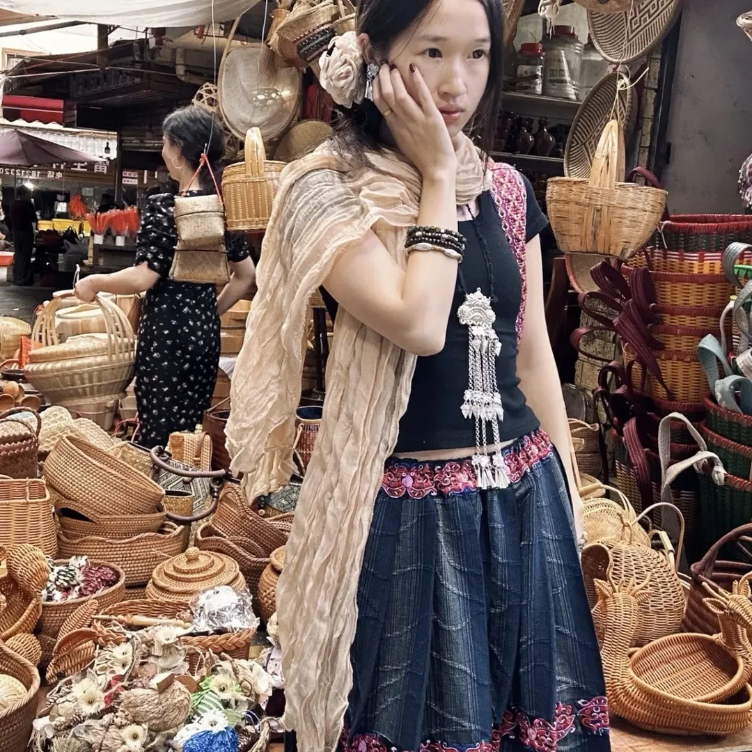 野枝.原创设计半身民族风文艺裙孔雀蓝软牛仔色