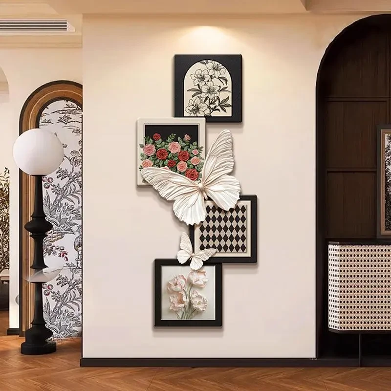 法式中古风入户玄关装饰画玫瑰蝴蝶壁灯客厅挂画复古走廊过道壁画