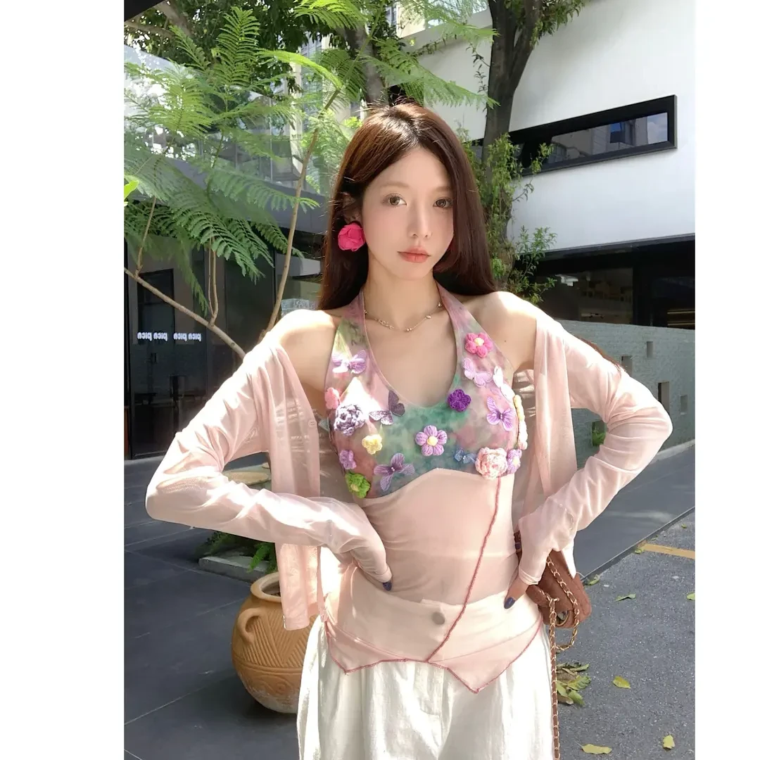 甜辣妹重工立花朵挂脖背心+夏日百搭开衫 8978#