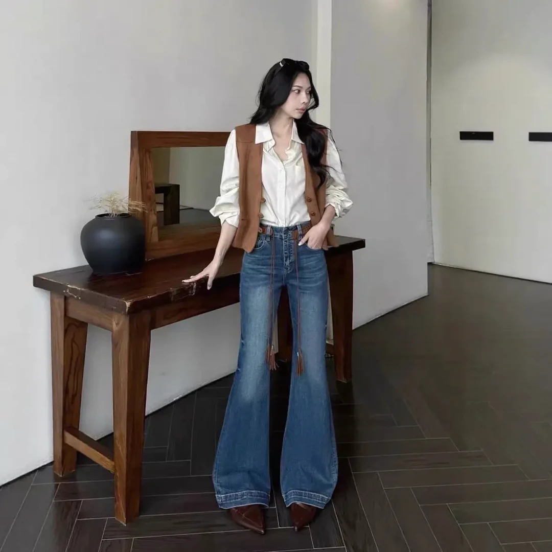 （55319）秋季高腰不贴腿微喇牛仔裤女宽松显瘦小个子微喇裤