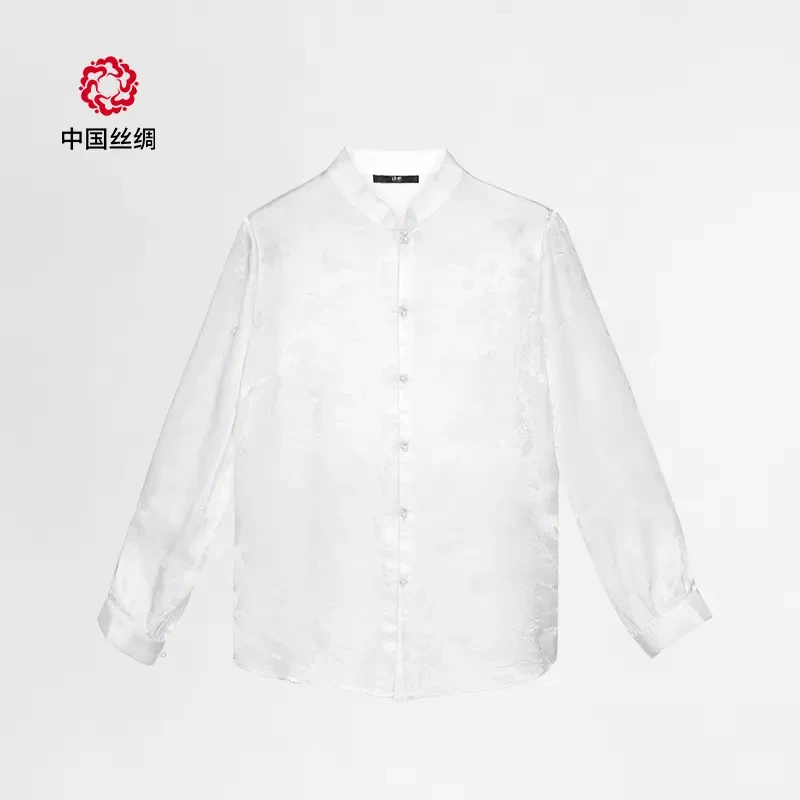 中国丝绸真丝提花缎长袖白色衬衫新中式简约百搭轻奢高级感衬衣女
