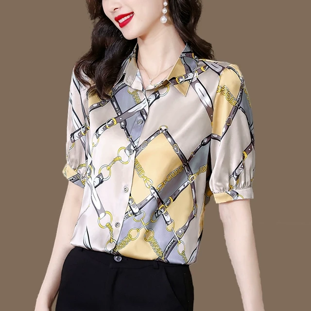 重磅真丝衬衫女洋气短袖印花衬衣2025夏季新款时尚百搭桑蚕丝上衣