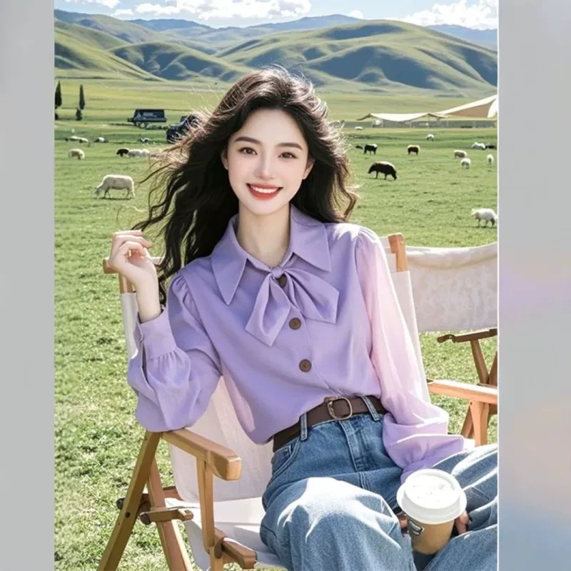 紫色蝴蝶结系带衬衫女2025早春法式别致百搭长袖衬衣高端气质上衣