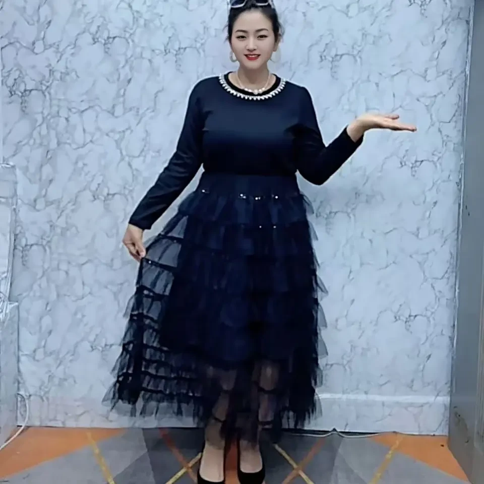 秋季气质显瘦遮肚子纱网钉珠时尚拼接蛋糕连衣裙